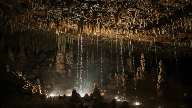 Mystical Glistening: A Dark Cave Interior with Striking Stalactites and Water Flowing