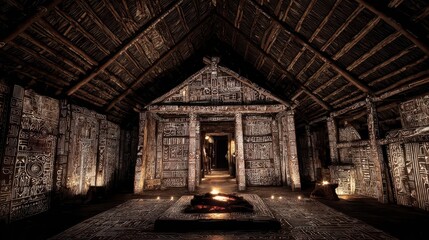 Obraz premium Intricate wooden interior of an ancient structure.