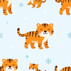Seamless pattern with cute tigers on background. 