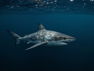 Fototapeta premium Majestic Great White Shark Swimming Gracefully Beneath the Oceans Surface.