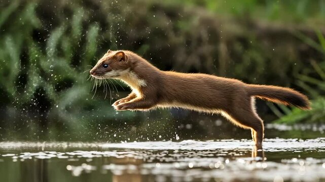 Energetic stoat leaps across the water, showcasing agility and vibrant wildlife moment