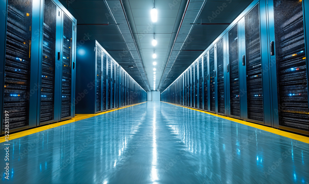 Poster symmetrical perspective of modern data center server racks with blue and yellow floor lighting in hi