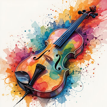 Melodic Symphony: A vibrantly colored violin is depicted in an expressive watercolor style, overflowing with a rainbow of hues and delicate artistic details.