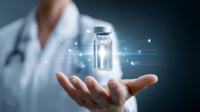 Female scientist in modern laboratory working with virtual hologram interface for medicine, vaccine research, virus treatment, representing healthcare innovation, pharmaceutical science and technology