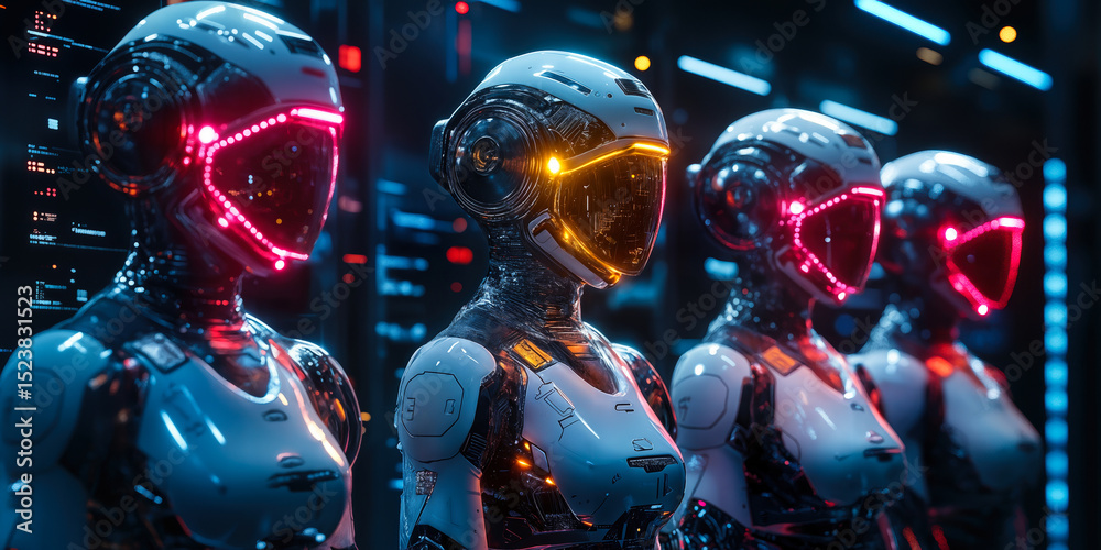 Poster futuristic humanoid robots with illuminated visors and sleek metallic bodies standing in high-tech d