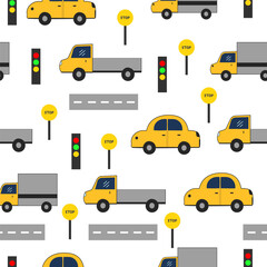 A colorful and playful seamless transportation pattern
