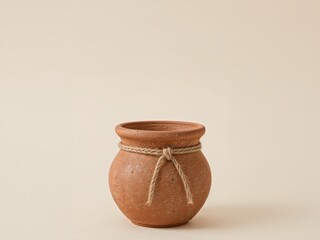 Rustic Terracotta Pot with Jute Rope Decoration on a Beige Background, Simple Still Life.