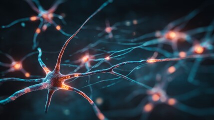 3D rendering of interconnected neuron cells with glowing synapses on dark background, illustrating neural network activity, brain signals, electrical pulses, and conceptual medical disease diagnosis