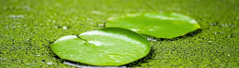 Fototapeta premium Lily pads floating on a tranquil pond surface.