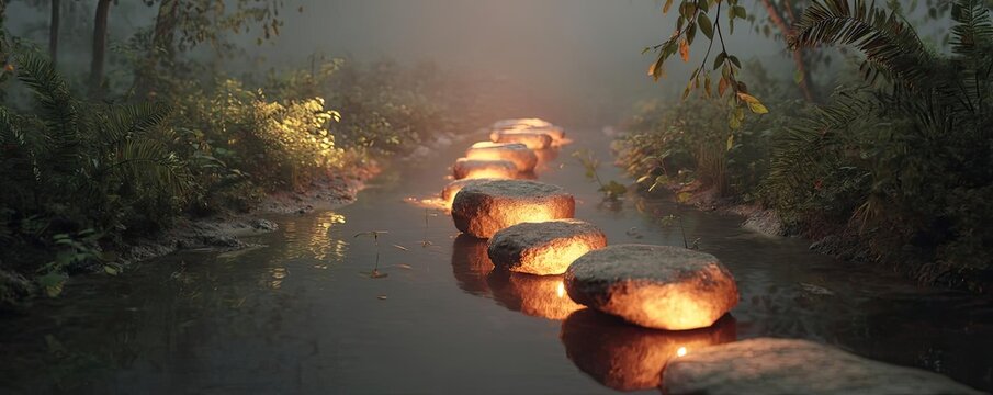 Peaceful mindset with rest, balance and self journey concept. A serene pathway of glowing stones surrounded by lush greenery.