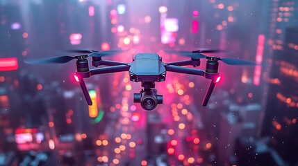 Drone Flying Over Cityscape at Night High Resolution Picture