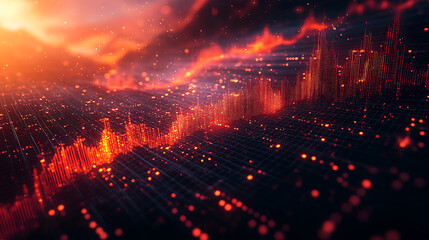 Naklejka premium Digital financial chart in orange glowing particles with grid and cloudscape data representation for business