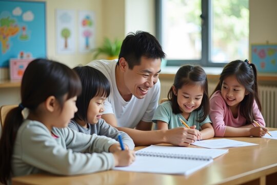 Asian preschool students learning in a classroom with a male teacher