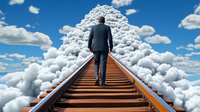 Businessman walking on railway tracks towards clouds symbolizing dreams or goals in the sky
