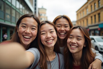 Fototapeta premium Title: Happy Asian Friends Having Fun Together in the City – Group Selfie in Urban Setting