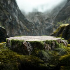 Moss-Covered Tree Stump Pedestal in a Misty Valley