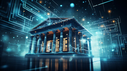Digital financial institution cyber security data protection banking technology modern architecture and futuristic light beams