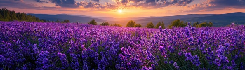 Fototapeta premium Peaceful mindset with rest, balance and self journey concept. Vibrant lavender field at sunset with a beautiful sky backdrop.