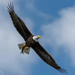 Bald Eagle with Fish Gliding Through Sky