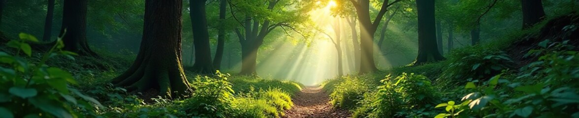 Sunlight filters through the dense canopy of a lush, vibrant forest, illuminating the path ahead The air is still and the scene evokes a sense of tranquility and mystery , branches, untouched