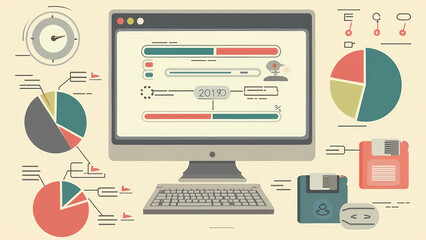 a 1990s computer-style infographic showing a pixelated browser window with loading bars, floppy disks, and simple pie charts.
