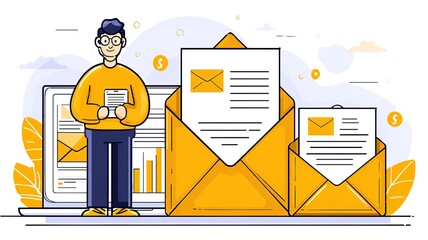 Digital marketer using laptop and smartphone for email marketing, sending newsletters and analyzing campaign performance to engage subscribers with personalized content