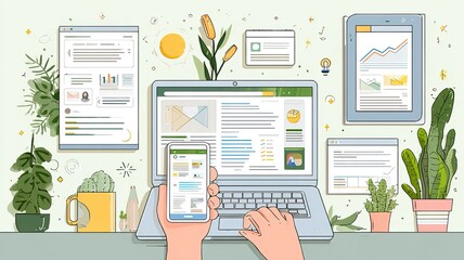 Digital marketer using laptop and smartphone for email marketing, sending newsletters and analyzing campaign performance to engage subscribers with personalized content