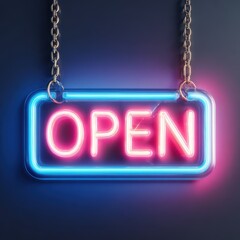 Glowing Neon Open Sign Hanging on Chains Bright Pink and Blue Open Sign for Business
