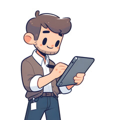 a cartoon illustrator holding a digital tablet and sketching, clean white background.