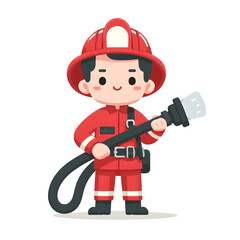 Fototapeta premium a cartoon firefighter holding a fire hose, wearing red uniform and helmet, white background. 