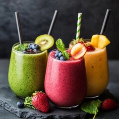 Three different fruit shakes with fresh fruit garnishes