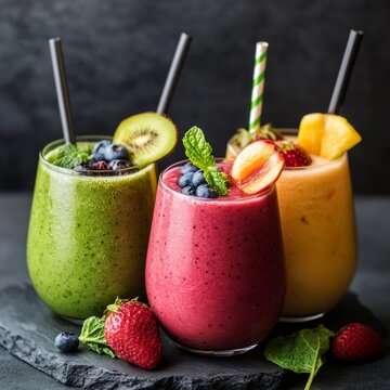 Three different fruit shakes with fresh fruit garnishes
