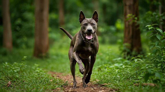 Energetic thai ridgeback dog bounding along forest trail, joyful expression, action shot