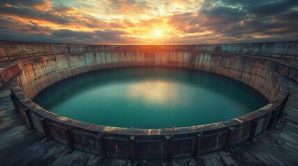 Sunset over coastal reservoir, industrial background