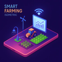 Isometric illustration of "SMART FARMING" featuring a tractor, crops, a wind turbine and a data screen on a purple backdrop.