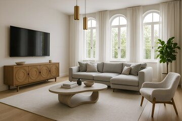 Fototapeta premium Modern Living Room with Arched Windows, Gray Sectional Sofa, and Gold Pendant Lights