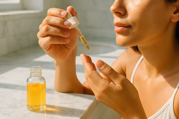 Fototapeta premium Young woman applying skincare oil in bright bathroom during summer skincare 