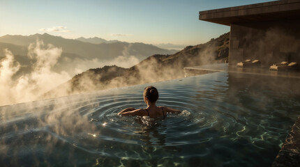 Obraz premium Luxury mountain spa with steaming infinity pool and misty valley panorama