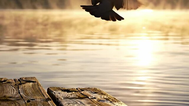 A serene scene of a bird taking flight from a wooden dock at sunrise, with mist rising over the calm water in the background - mourning dove in flight