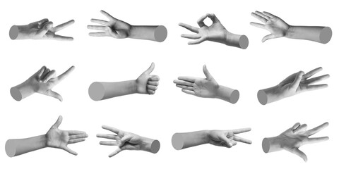 Collection of gesturing hands on white background