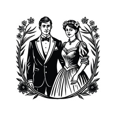 Romantic vintage wedding couple illustrations in detailed hand-drawn engraving style. Elegant black and white bride and groom artwork perfect for classical wedding invitations and timeless romantic.	