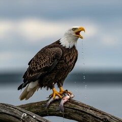 Bald Eagle Gripping Fish with Water Splash