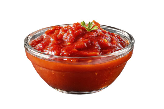 Glass bowl filled with chunky homemade tomato sauce garnished with fresh parsley