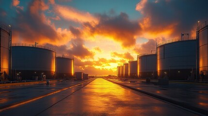Sunset over refinery storage tanks, industrial area