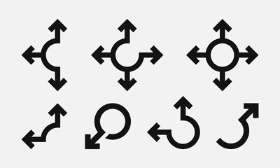 Collection of black arrows with different direction, different shape and size. Design with roundabout and crossroads arrows. Vector illustration 
