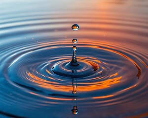 blue water droplet creating circular ripples with orange light