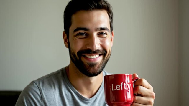 A left-handed man drinks from a mug with the inscription &ldquo;Lefty&rdquo;, holding it with his left hand, for International Left-Handers Day