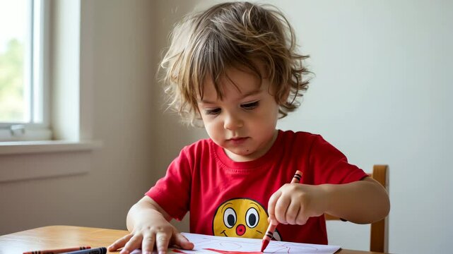 Child enjoying creativity, focused and happy, coloring with left hand, indoor background for International Left-Handers Day
