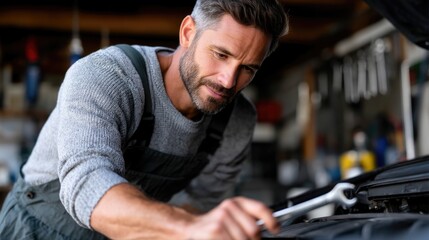 Mechanic Working on a Car Engine in Garage