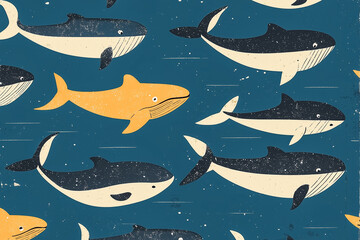 A vintage pattern of hundreds of adorable small whales, retro decoration texture.